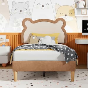 Twin Bed Frame for Kids, Beige Upholstered Platform Bed with Adjustable Bear Headboard, No Box Spring Needed