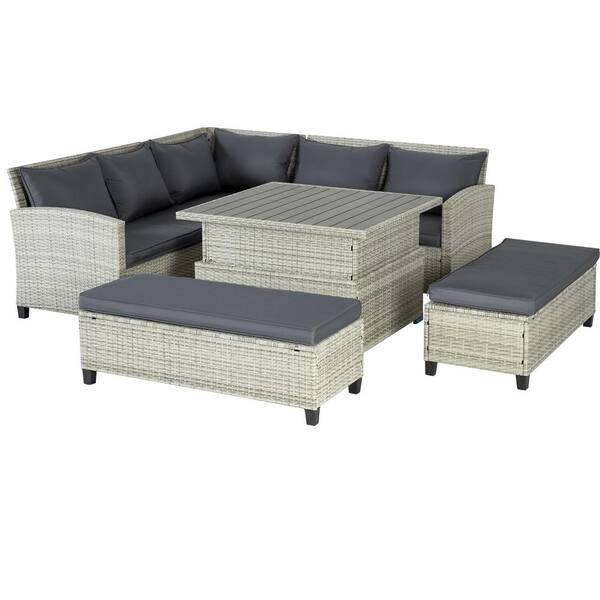 Unbranded Gray 6-Piece PE Rattan Wicker Patio Furniture Outdoor Rattan Sectional Sofa Set with Gray Cushions