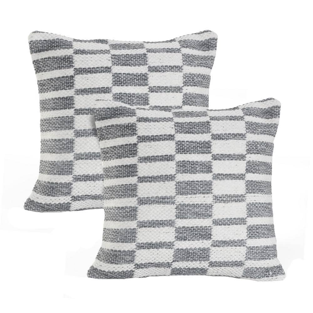 Elemental Gray Checkered Hand-Woven 18 in. x 18 in. Indoor Throw Pillow Set