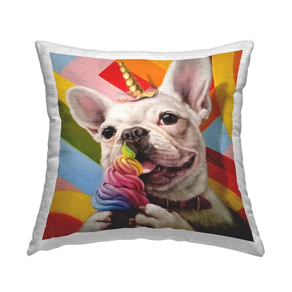 Stupell Industries Rainbow French Bulldog Unicorn Ice Cream Colorful Multi-Color Square Outdoor Throw Pillow