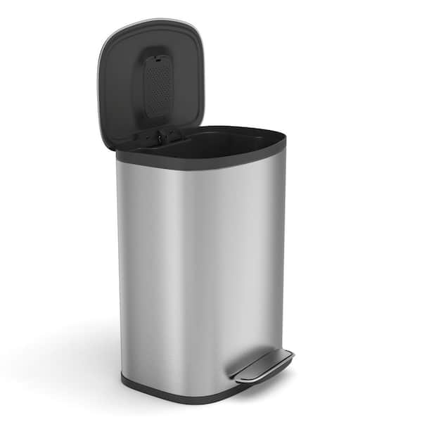 cadeninc Curved Surface 50L/13.2 Gal.Silver Stainless Steel Kitchen Foot Pedal Operated Soft Close Trash Can with 30 Garbage Bags
