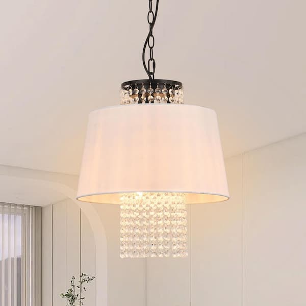 PAKOKULA 3-Light Black Drum Chandelier with Crystal Pendant and White Fabric Shade for Kitchen Island Living Room