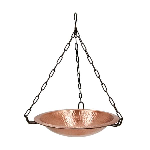 ACHLA DESIGNS 19.5 in. H Round Satin and Black Solid Copper/Wrought Iron Hanging Birdbath Bowl, Garden Accent, Outdoor Accessory