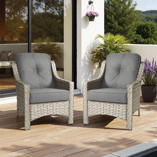 Ergonomic Arm 2-Piece Gray Wicker Outdoor Lounge Single Chair Patio Dining Chairs with Dark Gray for Backyard