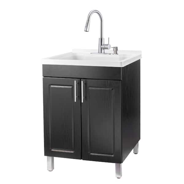 18 Gallons 21.75 in. x 25 in. Thermoplastic Freestanding Laundry Sink, Stainless Faucet, Black Cabinet, Soap Dispenser