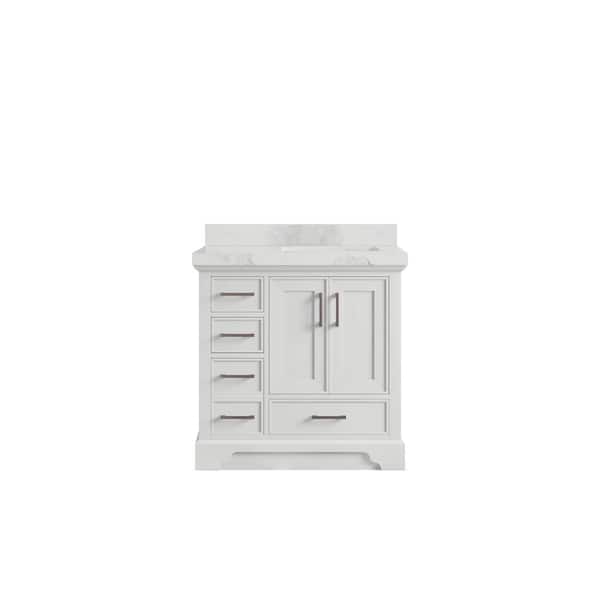 Willow Collections Charlotte 36 in. Right Offset Sink Freestanding White Bath Vanity with Calacatta Nuvo Qt. Top Unassembled