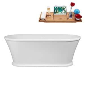 65 in. x 31 in. Acrylic Freestanding Soaking Bathtub in Glossy White With Glossy White Drain, Bamboo Tray