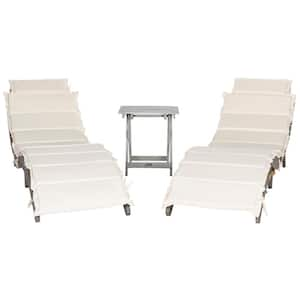 Pacifica Grey 3-Piece Wood Outdoor Chaise Lounge Chair with Beige Cushion