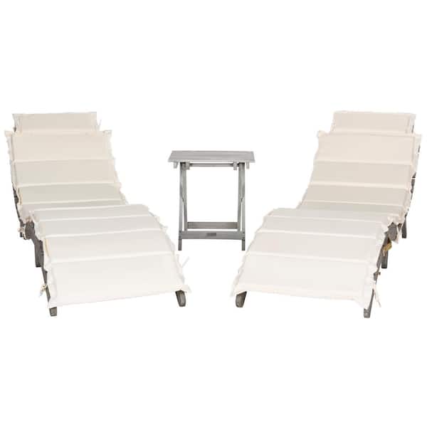 SAFAVIEH Pacifica Grey 3-Piece Wood Outdoor Chaise Lounge Chair with Beige Cushion