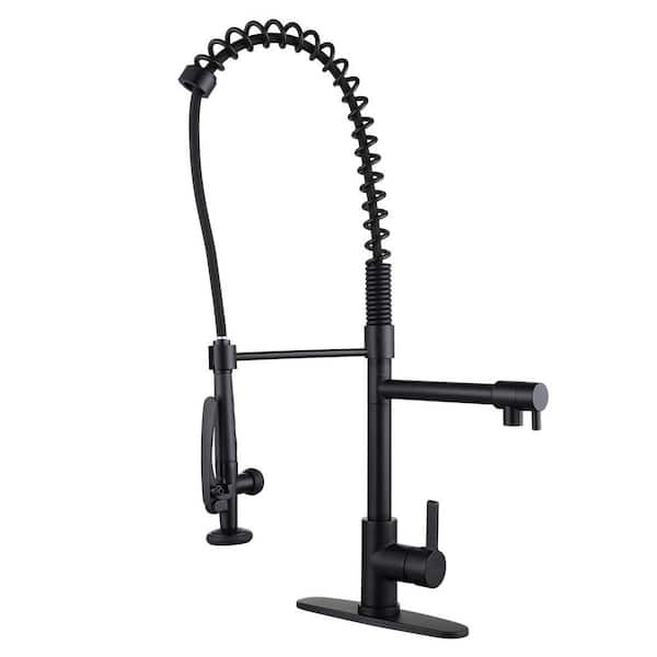 WOWOW Single-Handle Wall Mount Gooseneck Pull Out Sprayer Kitchen Faucet with Included Supply Lines in Matte Black