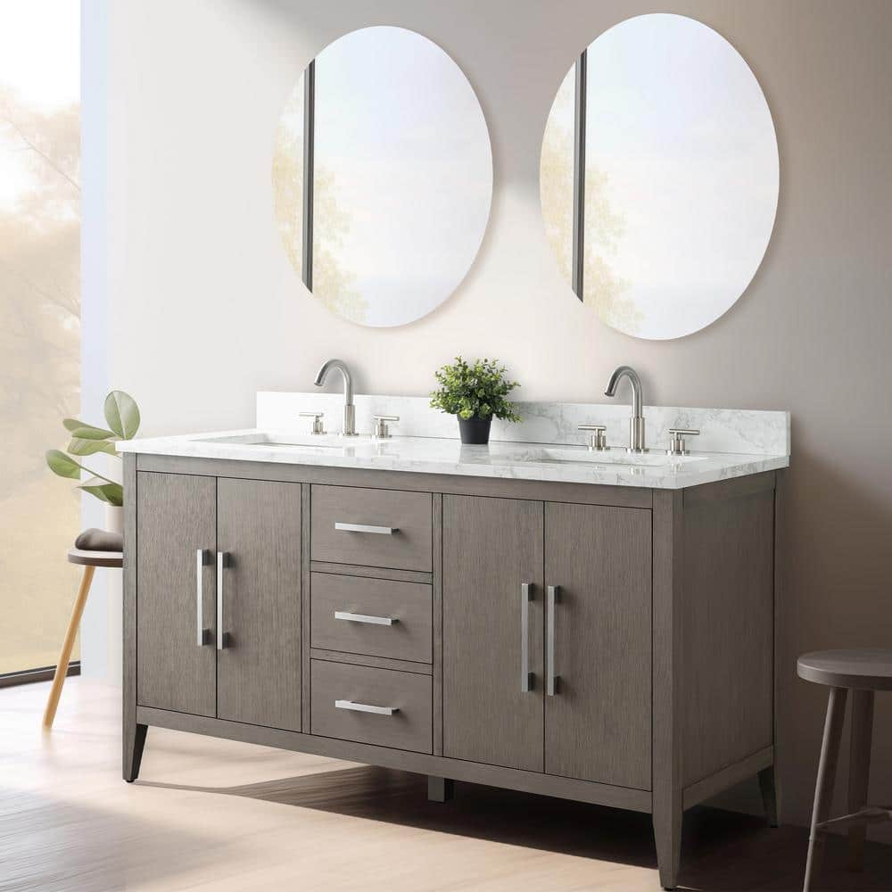 60" Driftwood Gray MDF Double Sink Freestanding Vanity with White Marble Top
