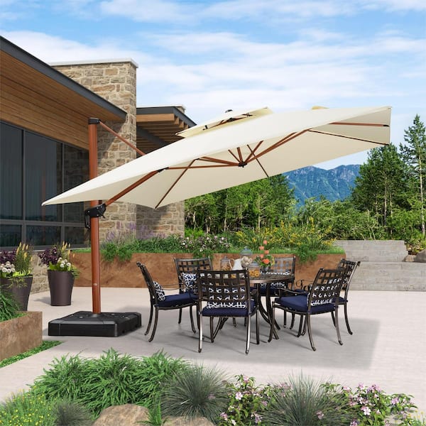 PURPLE LEAF 12 ft. Square High-Quality Wood Pattern Aluminum Cantilever Polyester Patio Umbrella with Stand, Cream