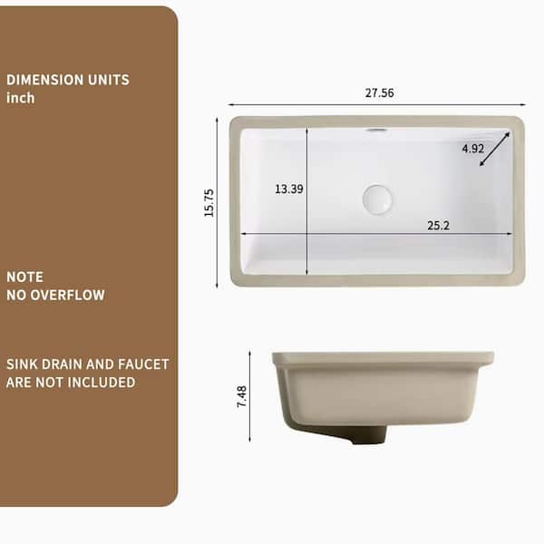 Tatahance 27.56 in. Undermount Rectangular Bathroom Sink Deep
