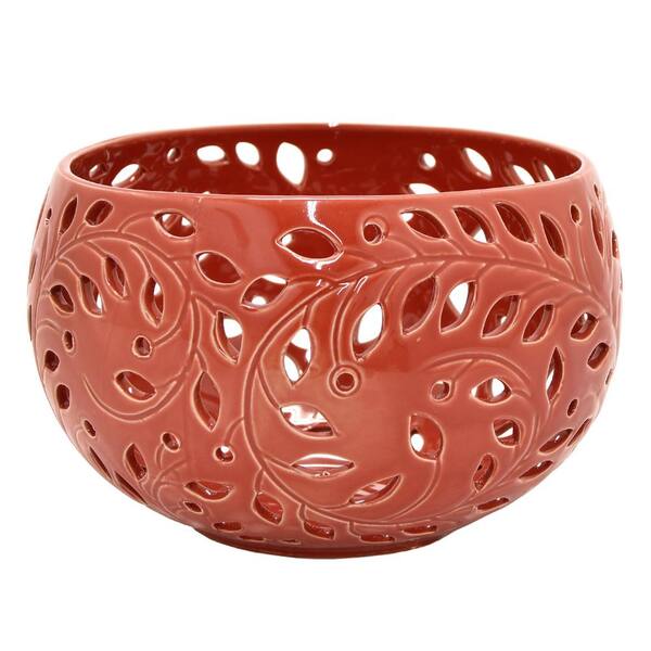 THREE HANDS 4.75 in. Decorative Red Ceramic Pierced Bowl with Glossy