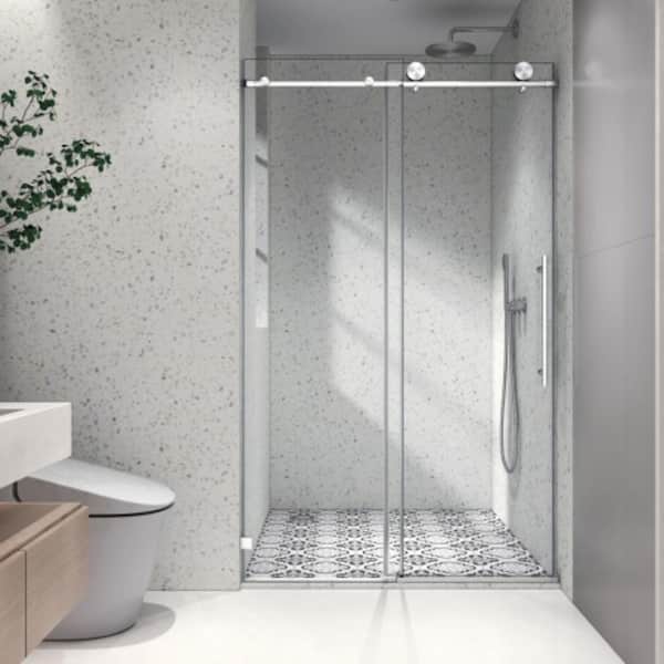 48 in. x 76 in. Frameless Sliding Shower Door in Brushed Nickel with Soft Close and 5/16 in. SGCC Tempered Glass