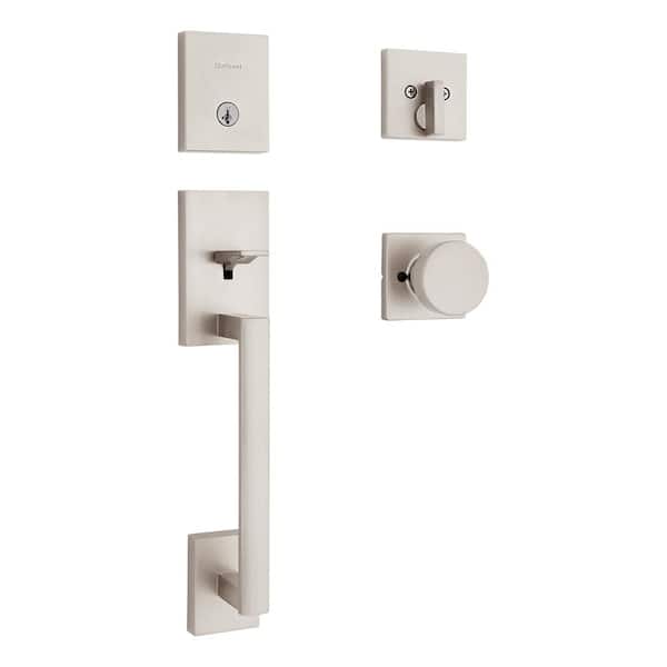 Kwikset San Clemente Single Cylinder Low Profile Door Handleset w/Square Pismo Knob featuring SmartKey Security in Satin Nickel
