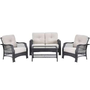 4-Pieces Wicker Patio Conversation Set with Coffee Table and Beige Cushions