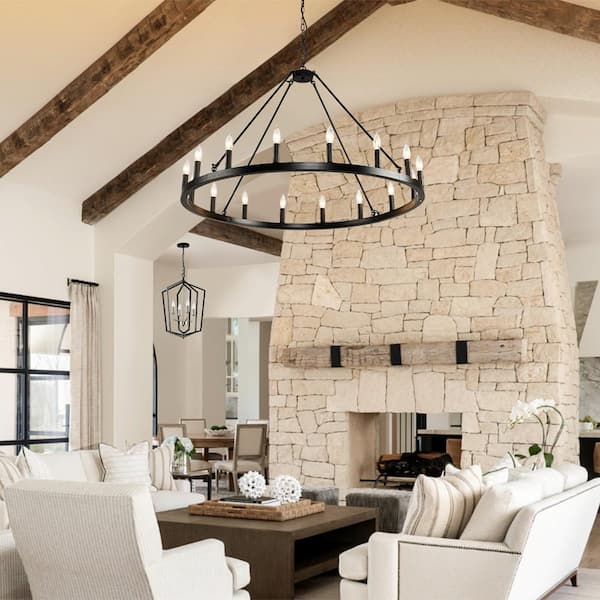 Lagre Wagon 16-Light Farmhouse Round Wheel Chandelier Dining Room Pendant Light, Black and Black