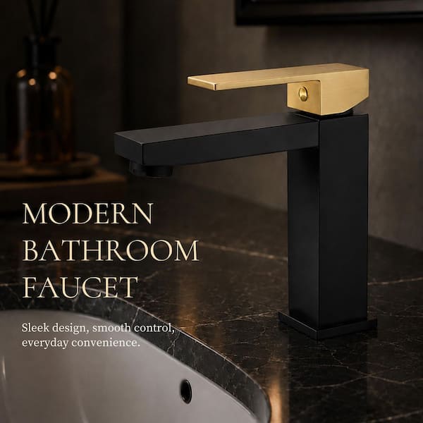 Single Handle Single Hole Low-Arc Bathroom Faucet Bathroom Drip-Free Vanity Sink Faucet Modern in Matte Black & Gold