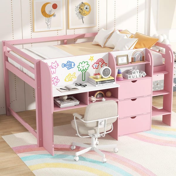 Lu Pink Full Size Low Loft Bed with Built-in Desk, Storage Cabinets, Ladder, Bookcase, Whiteboard for Graffiti, Drawers