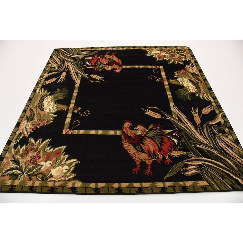 Black Floral Synthetic Square Indoor Rug, 6' x 6'