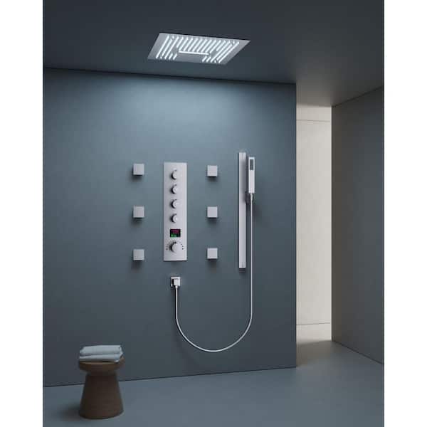 LED Thermostatic Valve 15-Spray 16 in. Ceiling Mount Dual and Handheld Shower 2.5 GPM with Slider Bar in Brushed Nickel