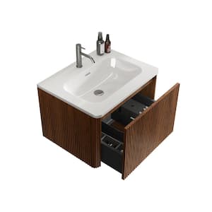 24 Modern Striped Walnut Wall Mounted Floating Bathroom Vanity with White Ceramic Top, Sink Basin without Drain, Faucet