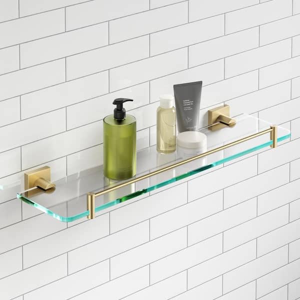 Simple Gold Luxury Bathroom Shelves Wall Mounted Brushed Brass / Glass  Phone Holder Decorative Shower Small Wall Shelf