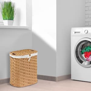Natural Handwoven Oval Double Laundry Hamper with Liner