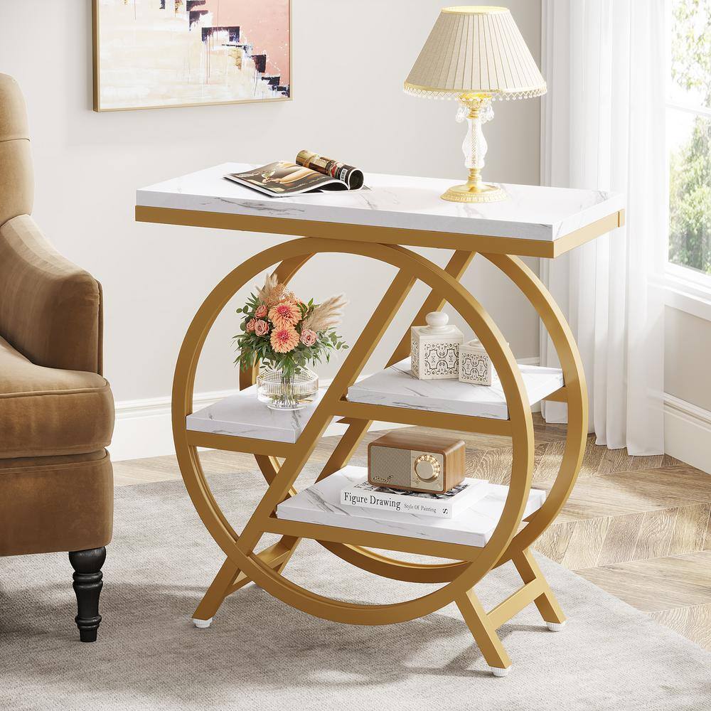 25.59 in. Rustic Brown Rectangle Engineered Wood End Table, 3-Tier Narrow Side Table with Storage - thumbnail 2