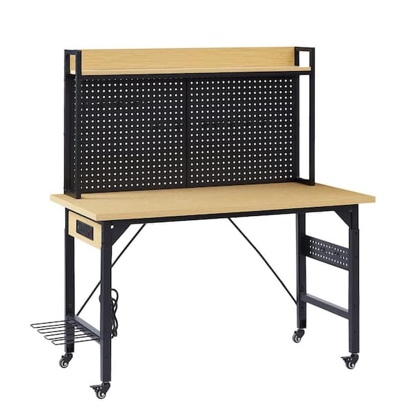 47.2 in. W x 23.6 in. D Yellow Workbench Table with Solid Wood Top, Pegboard, Wheels, AC/USB Outlet, Hooks, Shelf