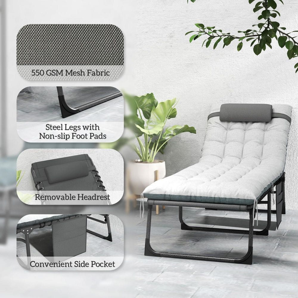 Gray and White Cushioned Folding Outdoor Chaise Lounge Set