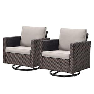 2-Piece Gray Wicker Patio Swivel Outdoor Rocking Chair Set with Beige Cushions