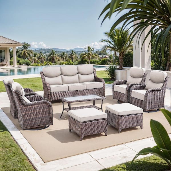 NovaSwivel Brown Wicker Patio Conversation Set Outdoor Seating Swivel Chair Set with 6 in. Thicked Beige Cushions