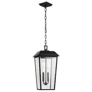 Mathus 22 in. 2-Light Textured Black Traditional Outdoor Porch Hanging Pendant Light with Clear Glass (1-Pack)