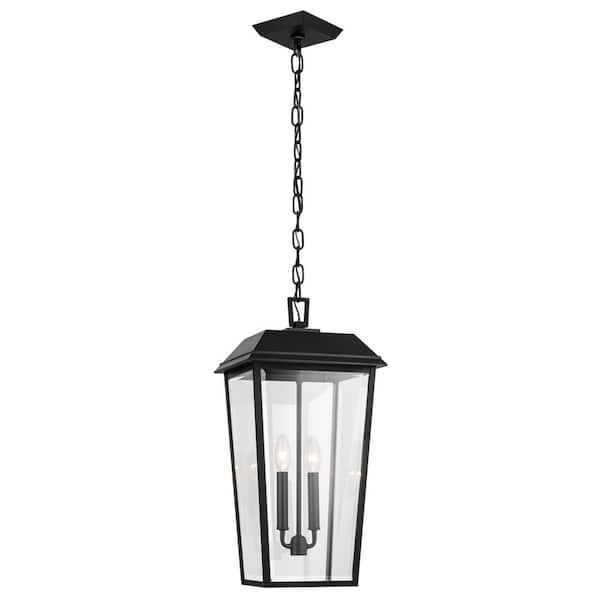 KICHLER Mathus 22 in. 2-Light Textured Black Traditional Outdoor Porch Hanging Pendant Light with Clear Glass (1-Pack)