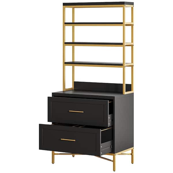 BYBLIGHT Atencio 2-Drawer Gold Wood 31.5 in. W Vertical File Cabinet, Large Wood Filing Cabinet Fits Letter/A4/Legal Size