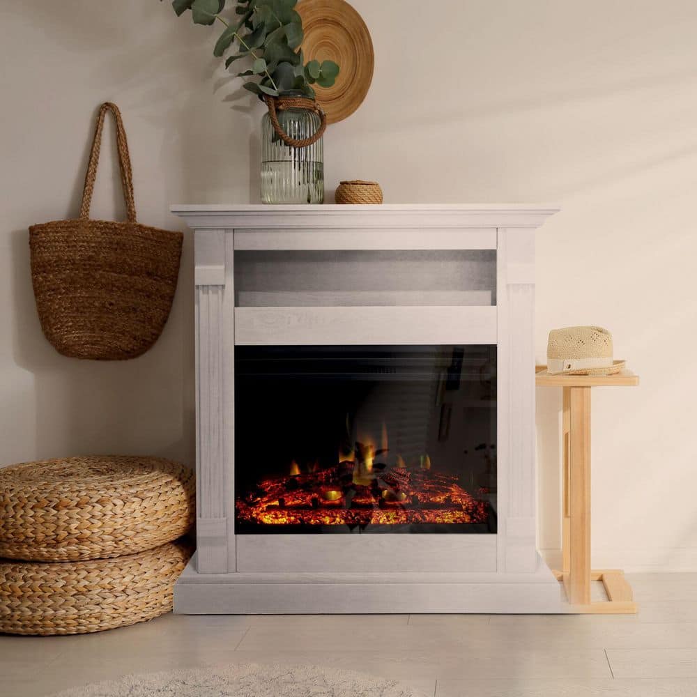 Sienna 34'' White MDF Electric Fireplace with Multi-Color Flame and Log Insert