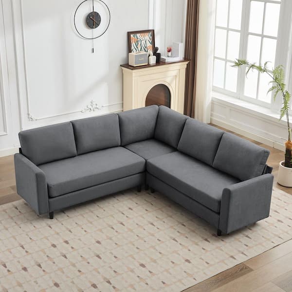 Jearey Florence L-Shaped Mid-Century Linen Fabric Sectional Sofa, 5-Seat Sectional Couch for Living Room in Dark Gray