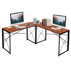 L Shaped Computer Corner Desk, 19.7 in. Large Industrial Home Office Workstation, Multi-Usage Long 2 Person Table, Brown