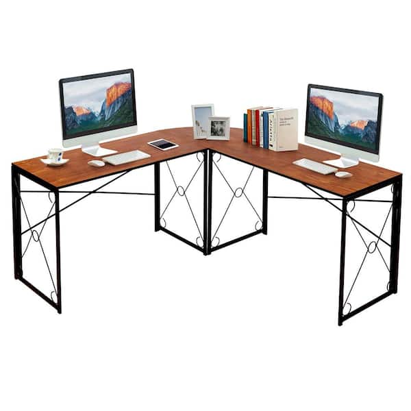 VECELO L Shaped Computer Corner Desk, 19.7 in. Large Industrial Home Office Workstation, Multi-Usage Long 2 Person Table, Brown