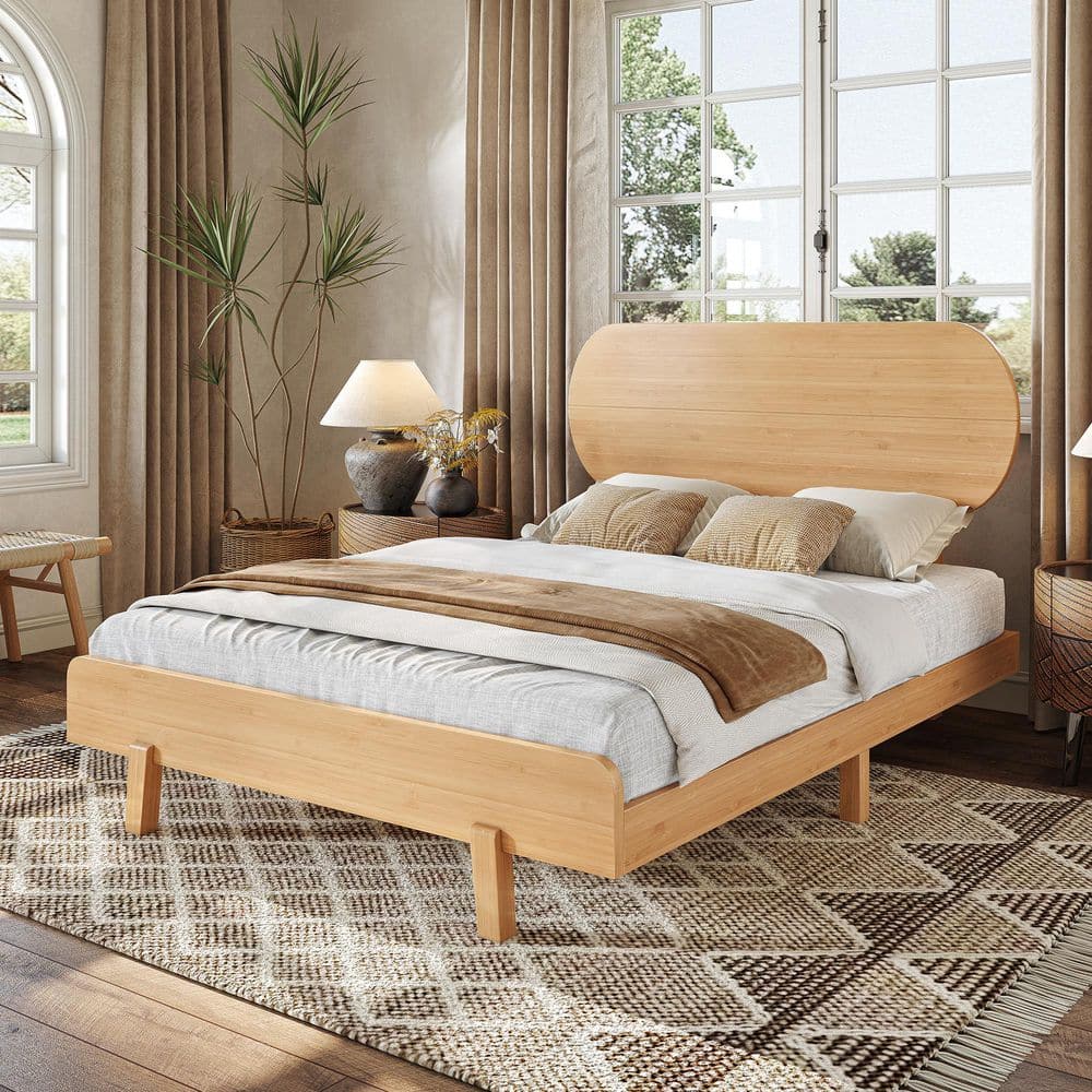 Harper & Bright Designs Natural Yellow Solid Bamboo Bed Frame Full
