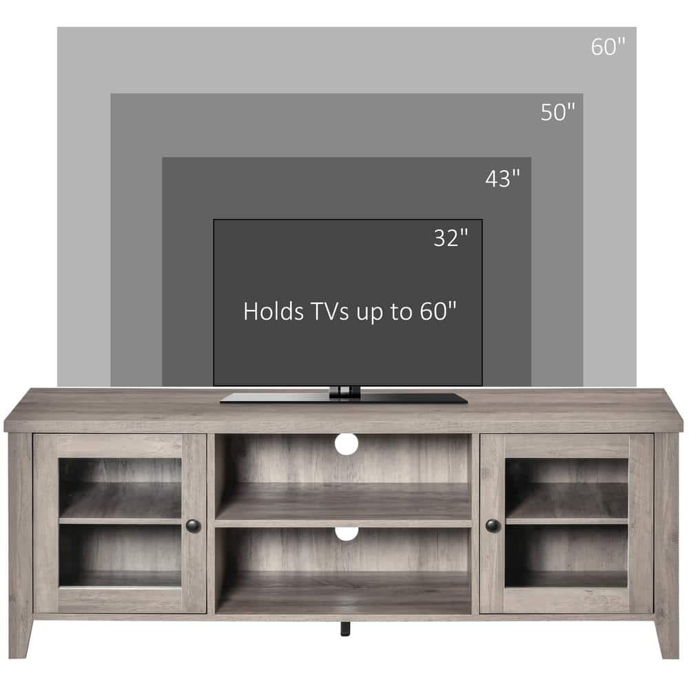 Modern Gray Wash TV Stand with Open Shelves and Cabinets