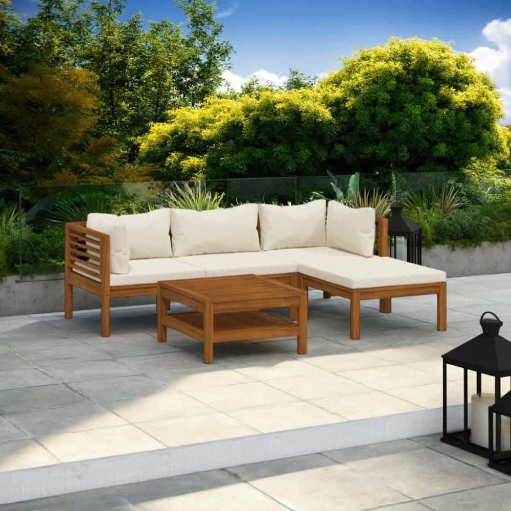 Brown Wood Frame Outdoor Chaise Lounge with White Cushion