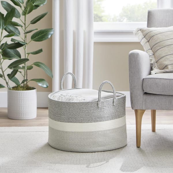 Home Decorators Collection Round Cotton Rope Gray Striped Storage Basket
