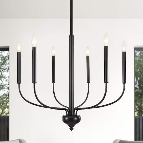 6-Light Black Farmhouse Candle Chandelier Modern Linear Pendant Light for Living Room
