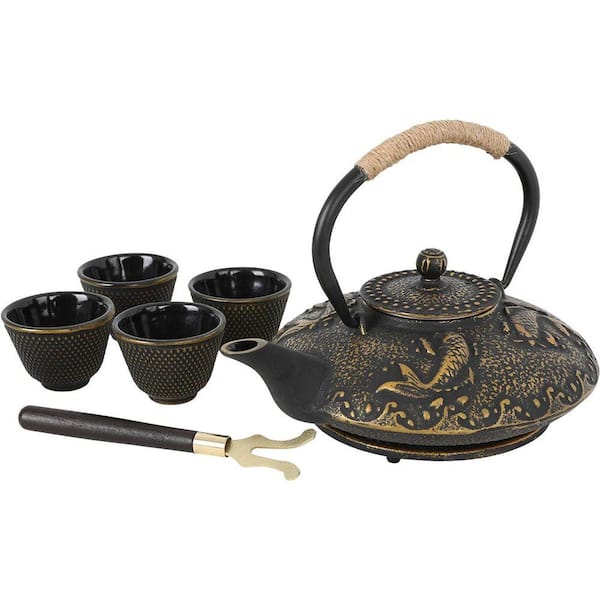 Cast Iron Japanese Style Koi Fish Teapot Set with Stainless Steel Infuser and 4 Cups for Stove Top, 1 Set