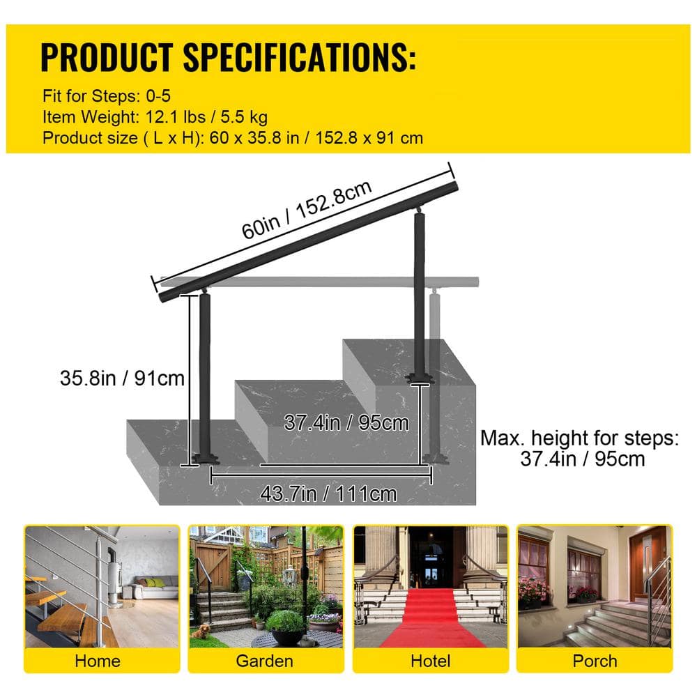 Adjustable Black Aluminum Outdoor Stair Handrail Kit, 5 ft for 0-5 Steps