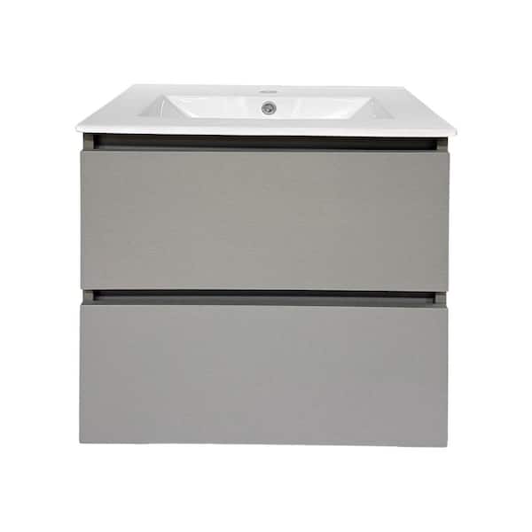 JAZAVA 24 in W x 18 in. D x 23 in. H Floating Bath Vanity in Ash Gray with White Ceramic Top