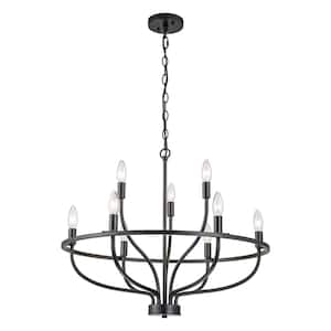 9-Light Black Farmhouse Wagon Wheel Chandelier for Kitchen Island Dining Room with No Bulbs Included
